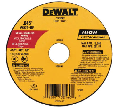 Disco Corte Fino de Metal de 4.5" X 0.045" X 7/8" DW8062-AR