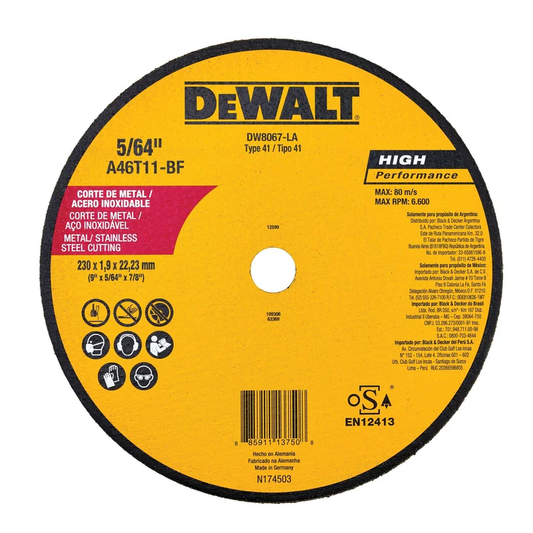 Disco Abrasivo para Corte Fino de Metal E Inoxidable de 9" X 0.078" X 7/8" DW8067LA