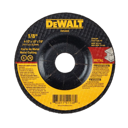 Disco Abrasivo Tipo 42 Para Corte de Metal 4.1/2" X 1/8" X 7/8" Grano A30 DW54820