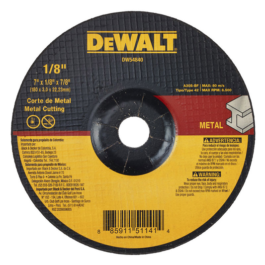 Disco Abrasivo Tipo 42 Para Corte de Metal 7" X 1/8" X 7/8" Grano A30 DW54840