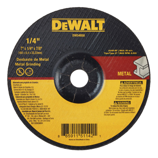Disco Abrasivo Tipo 27 Para Desbaste de Metal 7" X 1/4" X 7/8" Grano A24 DW54850